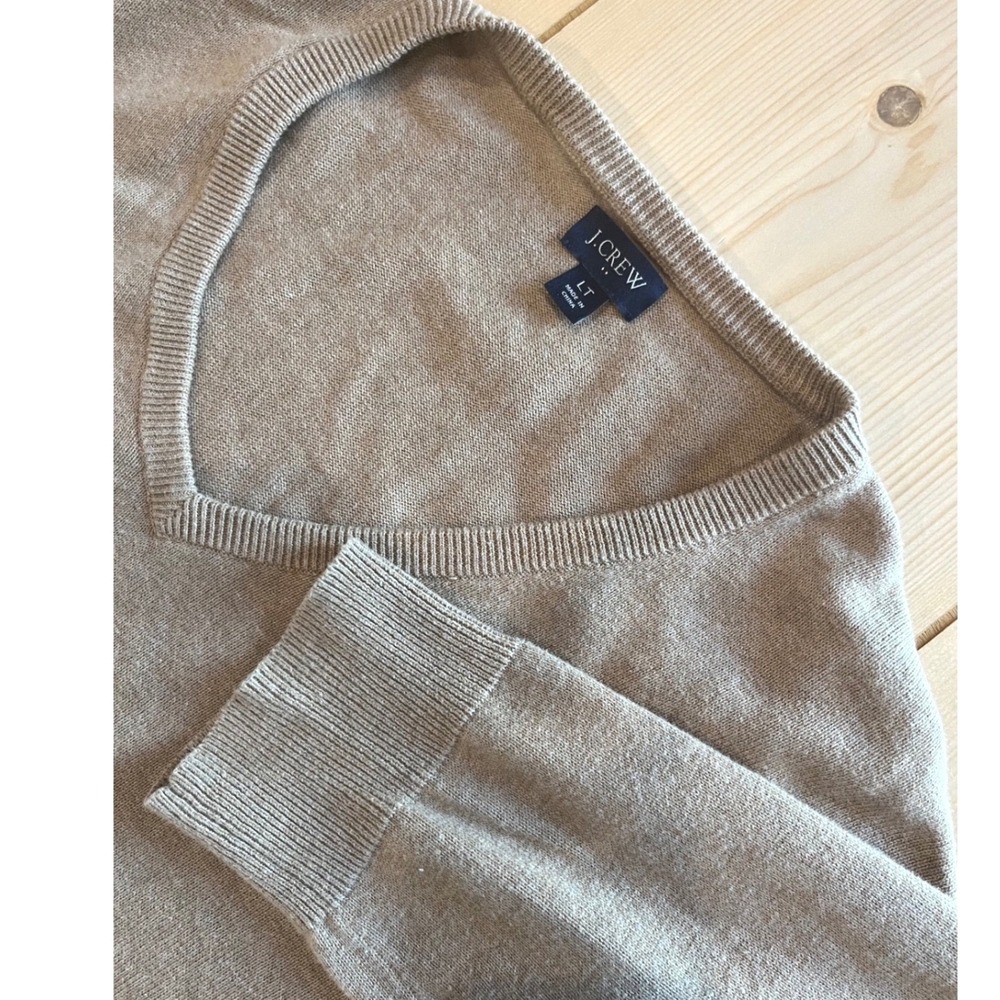 J.Crew Mens V-Neck Sweater Tan Camel Cotton Preppy Academic LT Large Tall